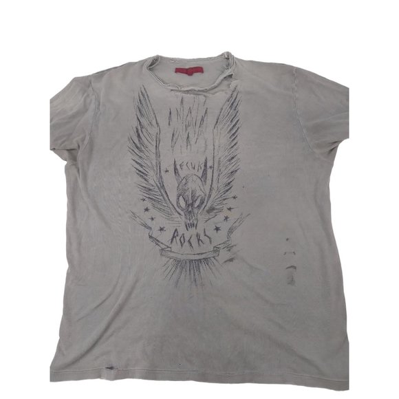Vtg Y2K FCUK Rocks skull wings Very Distressed thrashed Men's t shirt sz L READ - Picture 13 of 15